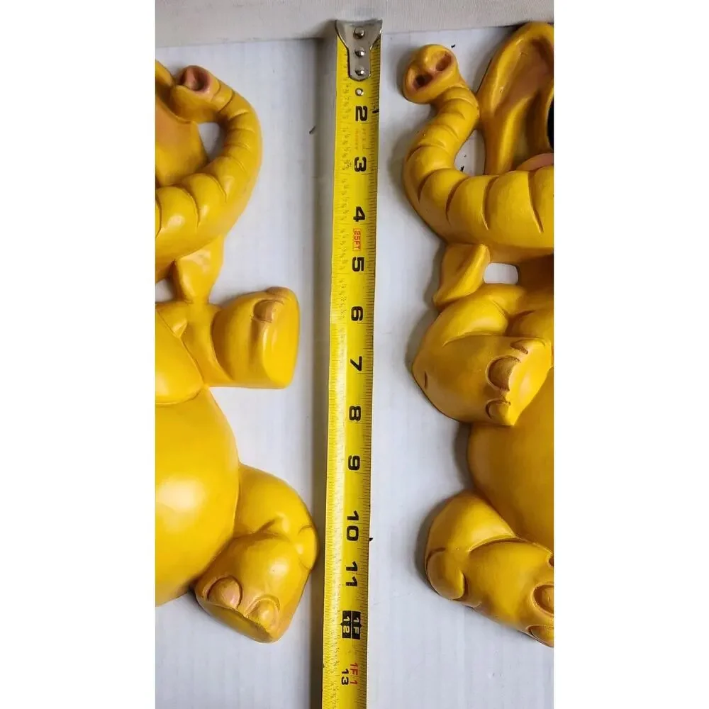 Vintage Homco Yellow Baby Elephant Wall Plaques Set Nursery Decor Retro 1970s